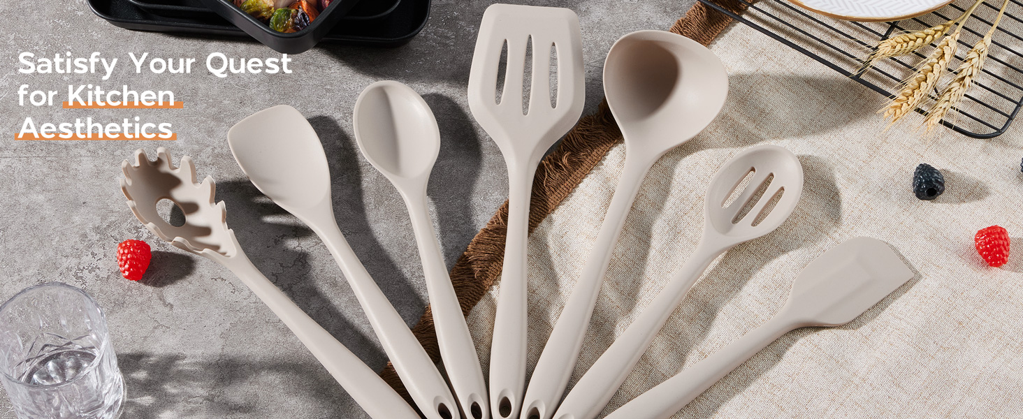 Onader Silicone Cooking Utensils Set of 10, Kitchen Utensils for Nonstick Cookware, Heat Resistant & Nontoxic Spatula Set- Khaki