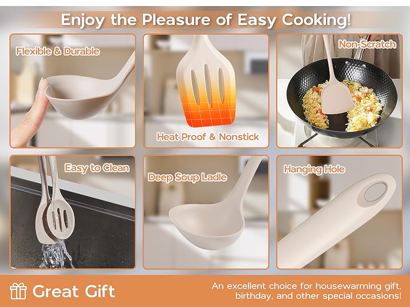 Onader Silicone Cooking Utensils Set of 10, Kitchen Utensils for Nonstick Cookware, Heat Resistant & Nontoxic Spatula Set- Khaki