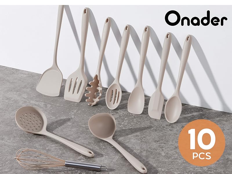 Onader Silicone Cooking Utensils Set of 10, Kitchen Utensils for Nonstick Cookware, Heat Resistant & Nontoxic Spatula Set- Khaki