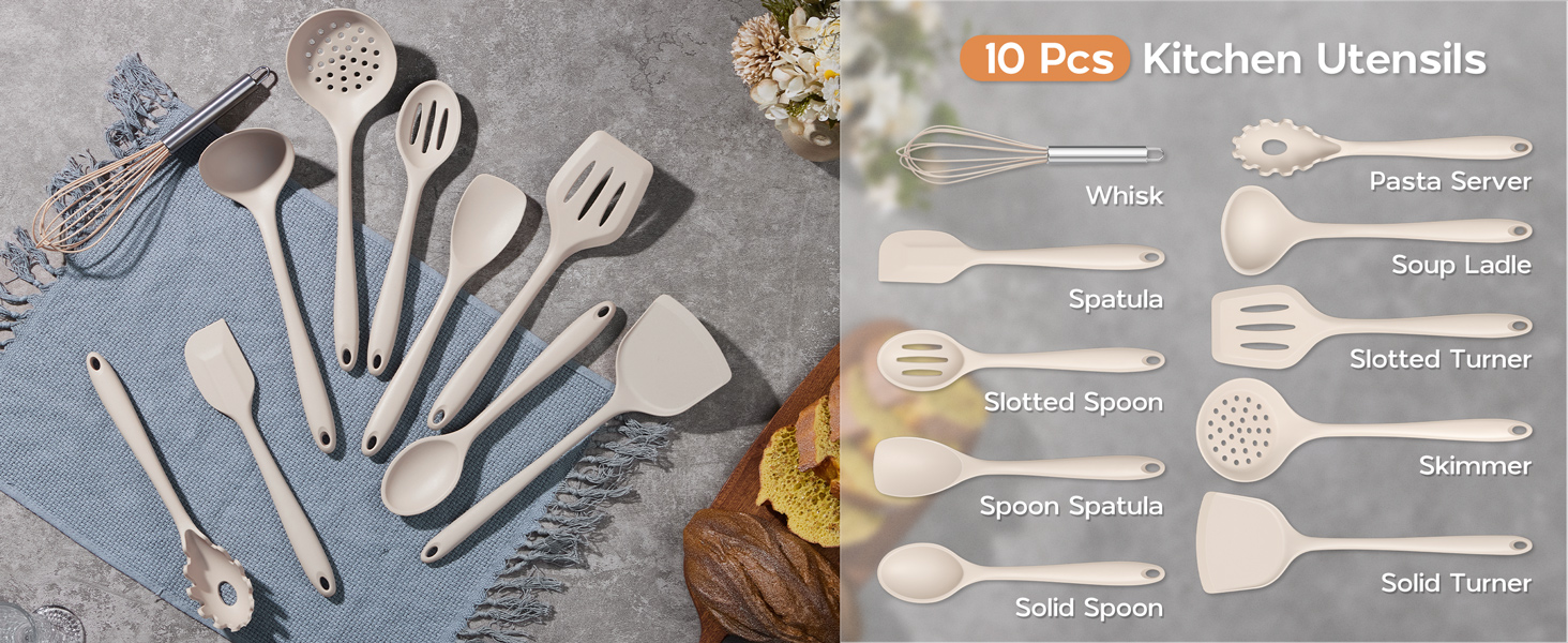Onader Silicone Cooking Utensils Set of 10, Kitchen Utensils for Nonstick Cookware, Heat Resistant & Nontoxic Spatula Set- Khaki