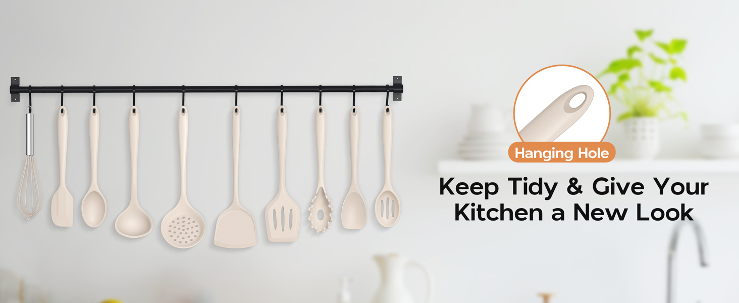 Onader Silicone Cooking Utensils Set of 10, Kitchen Utensils for Nonstick Cookware, Heat Resistant & Nontoxic Spatula Set- Khaki