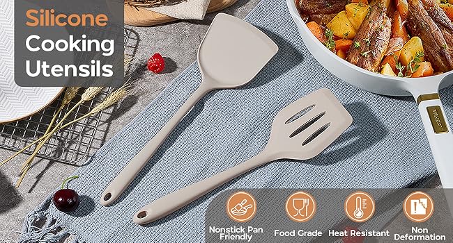 Onader Silicone Cooking Utensils Set of 10, Kitchen Utensils for Nonstick Cookware, Heat Resistant & Nontoxic Spatula Set- Khaki