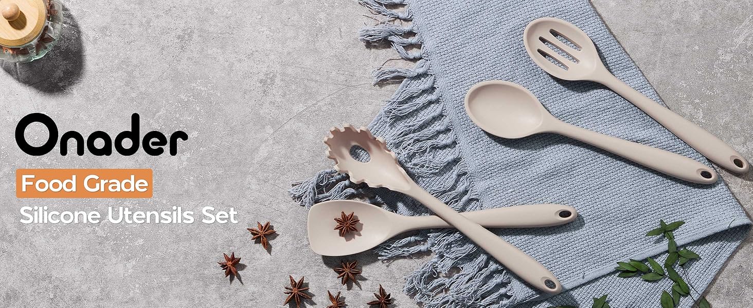 Onader Silicone Cooking Utensils Set of 10, Kitchen Utensils for Nonstick Cookware, Heat Resistant & Nontoxic Spatula Set- Khaki