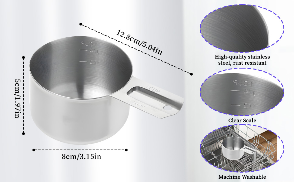 3 Pack 1 Cup Stainless Steel Measuring Cup Metal Measuring Cups with Handle Kitchen Cooking Gadgets Rice Measuring Cup for Wet and Dry Ingredients (240 ml | 240 cc | 8 oz)