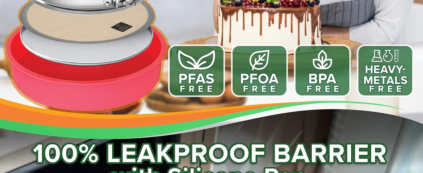 9 Inch Springform Pan for Cheesecake, with LEAKPROOF Silicone Sleeve & 2 REUSABLE Liners for WATER BATH Baking - No Foil Wrap & Parchment Needed, NON-TOXIC Stainless Steel Cheese Cake Pans for Baking