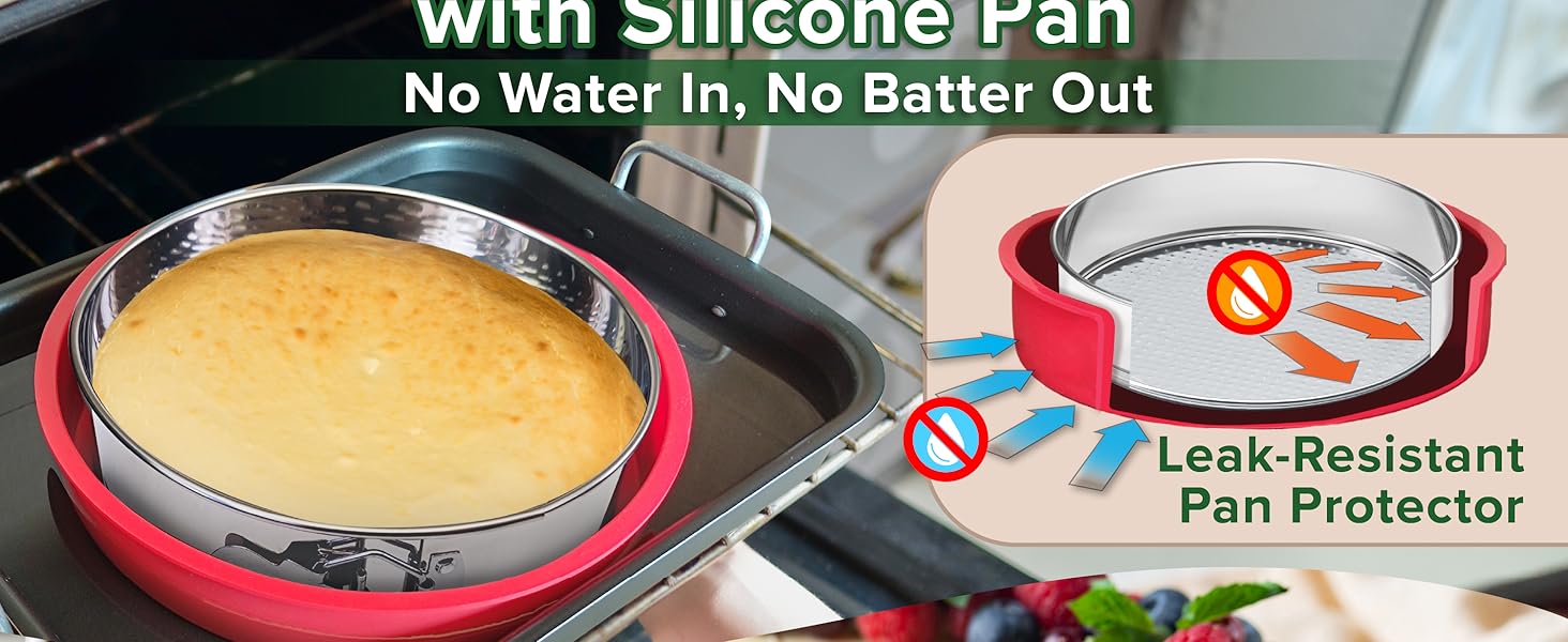 9 Inch Springform Pan for Cheesecake, with LEAKPROOF Silicone Sleeve & 2 REUSABLE Liners for WATER BATH Baking - No Foil Wrap & Parchment Needed, NON-TOXIC Stainless Steel Cheese Cake Pans for Baking