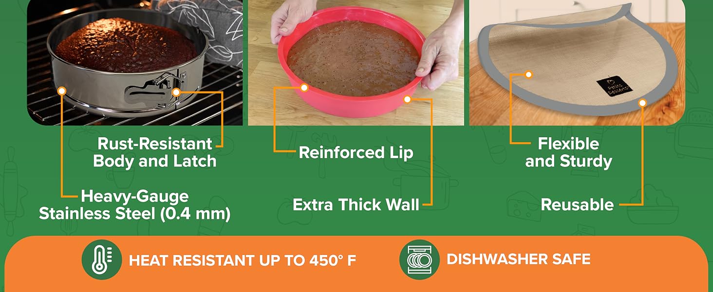 9 Inch Springform Pan for Cheesecake, with LEAKPROOF Silicone Sleeve & 2 REUSABLE Liners for WATER BATH Baking - No Foil Wrap & Parchment Needed, NON-TOXIC Stainless Steel Cheese Cake Pans for Baking