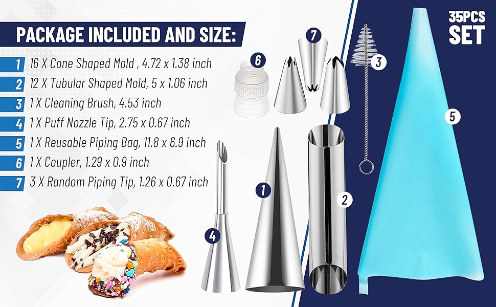 Cream Horn Molds for Baking, 35pcs Cannoli Tubes Molds, Non-stick Stainless Steel 16pcs Cone Shaped and 12pcs Tubular Shaped Cannoli Forms for Danish Pastry Lady Lock Form Cream Roll Croissant