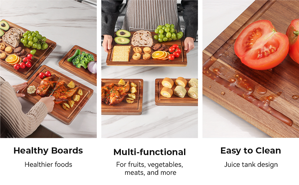 Wood Cutting Board Set, 3-Piece Rectangular Boards for Kitchen, 18x12x0.75 Inches, Hand Wash Only (Acacia Wood)