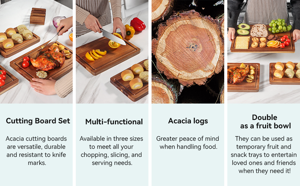 Wood Cutting Board Set, 3-Piece Rectangular Boards for Kitchen, 18x12x0.75 Inches, Hand Wash Only (Acacia Wood)