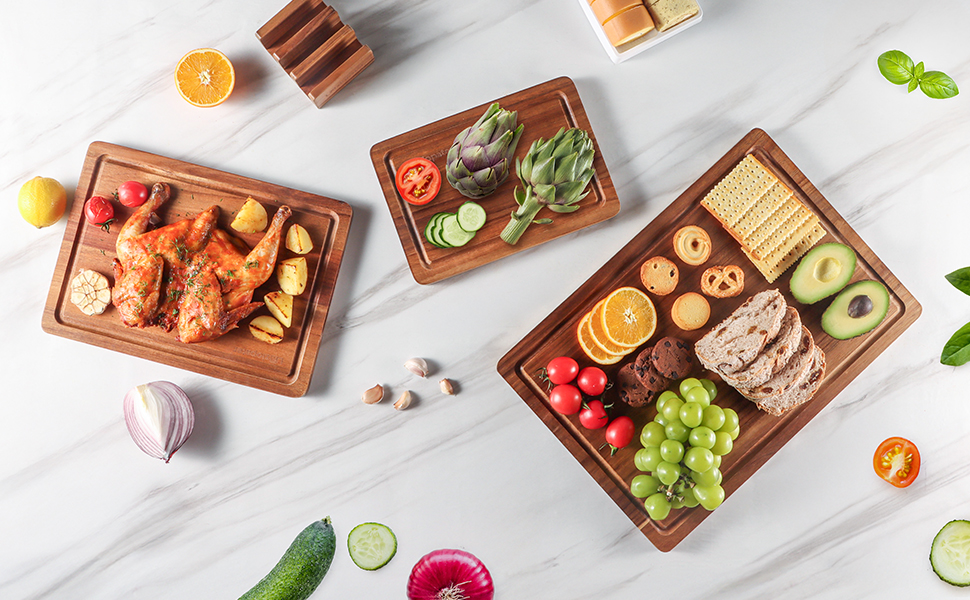 Wood Cutting Board Set, 3-Piece Rectangular Boards for Kitchen, 18x12x0.75 Inches, Hand Wash Only (Acacia Wood)