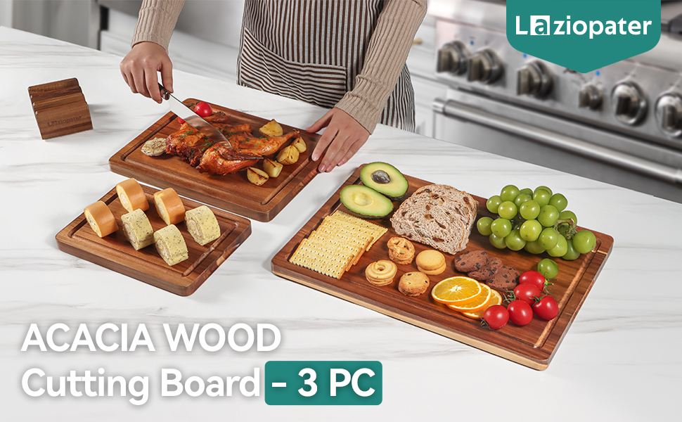 Wood Cutting Board Set, 3-Piece Rectangular Boards for Kitchen, 18x12x0.75 Inches, Hand Wash Only (Acacia Wood)