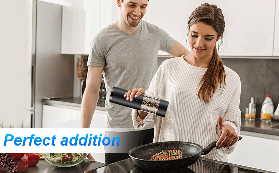 Electric Pepper and Salt Grinder Set(2 Pack Black/Black)Adjustable Coarseness Salt & Pepper Mill,With LED Light,Easy to Clean,Battery Powered,One Handed Operation,Kitchen Essential