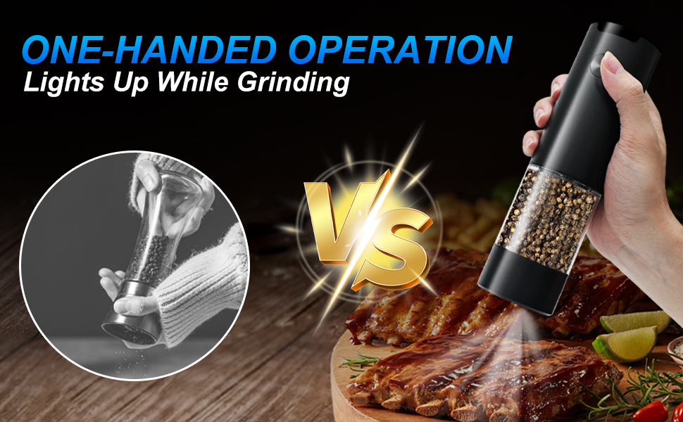 Electric Pepper and Salt Grinder Set(2 Pack Black/Black)Adjustable Coarseness Salt & Pepper Mill,With LED Light,Easy to Clean,Battery Powered,One Handed Operation,Kitchen Essential