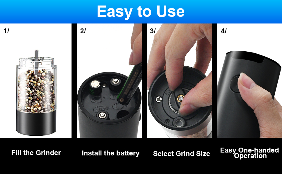 Electric Pepper and Salt Grinder Set(2 Pack Black/Black)Adjustable Coarseness Salt & Pepper Mill,With LED Light,Easy to Clean,Battery Powered,One Handed Operation,Kitchen Essential