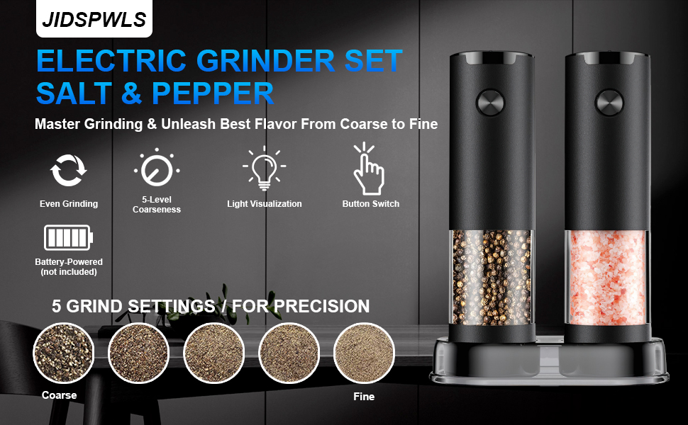 Electric Pepper and Salt Grinder Set(2 Pack Black/Black)Adjustable Coarseness Salt & Pepper Mill,With LED Light,Easy to Clean,Battery Powered,One Handed Operation,Kitchen Essential