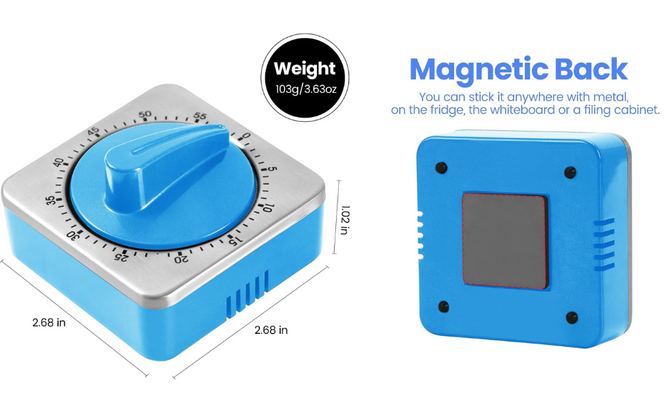 Kitchen Timers for Cooking, Chef Cooking Timer Clock with Loud Alarm,100% Mechanical Desk Timer - No Batteries Required -Magnetic Back, Exquisite Stainless Steel Body -Countdown Reminder Magnetic-Blue