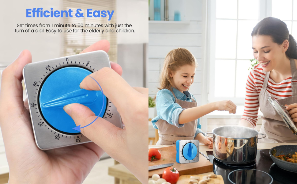Kitchen Timers for Cooking, Chef Cooking Timer Clock with Loud Alarm,100% Mechanical Desk Timer - No Batteries Required -Magnetic Back, Exquisite Stainless Steel Body -Countdown Reminder Magnetic-Blue