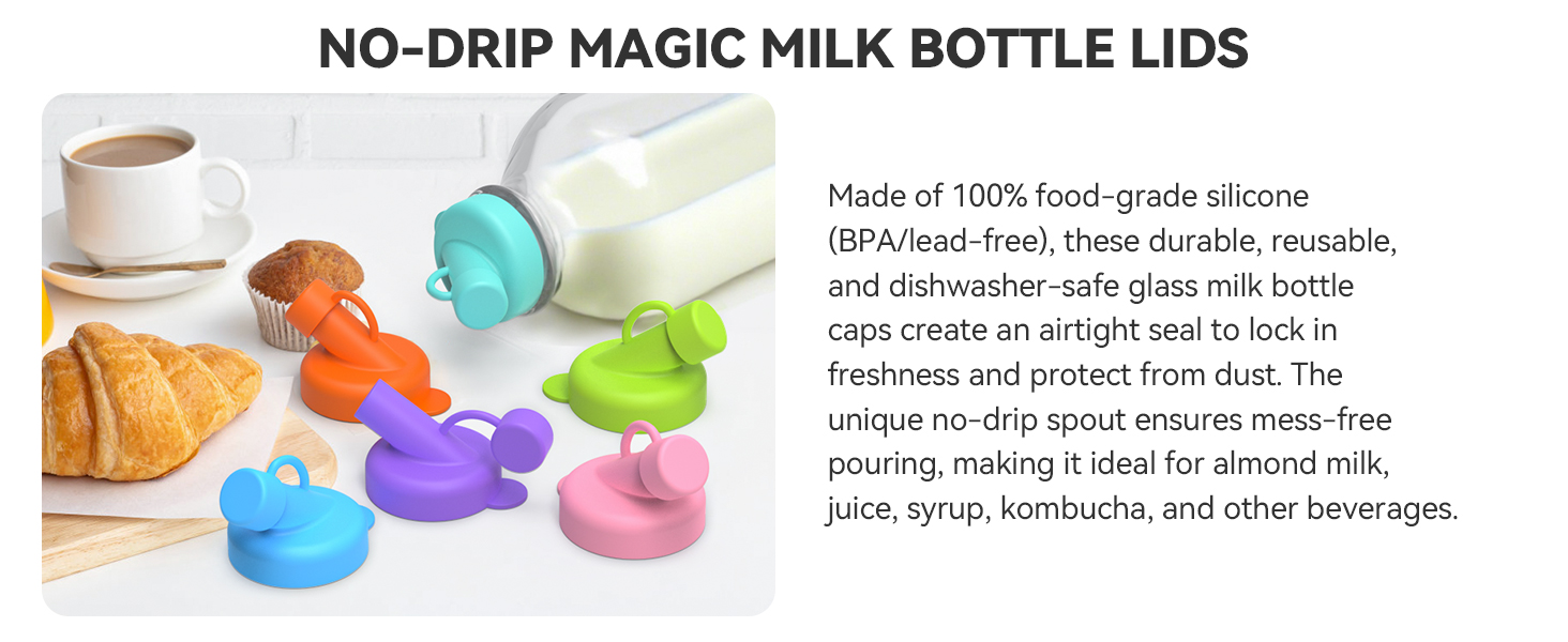 SOPHICO Silicone Milk Bottle Dispenser Caps, 48mm Diameter Pour Spout Lids, Replacement Lids Fit Stanpac & Libbey & Stock Your Home & The Dairy Shoppe, Leak Proof, Odorless (6 Pack, jug not included)