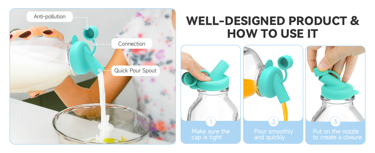 SOPHICO Silicone Milk Bottle Dispenser Caps, 48mm Diameter Pour Spout Lids, Replacement Lids Fit Stanpac & Libbey & Stock Your Home & The Dairy Shoppe, Leak Proof, Odorless (6 Pack, jug not included)