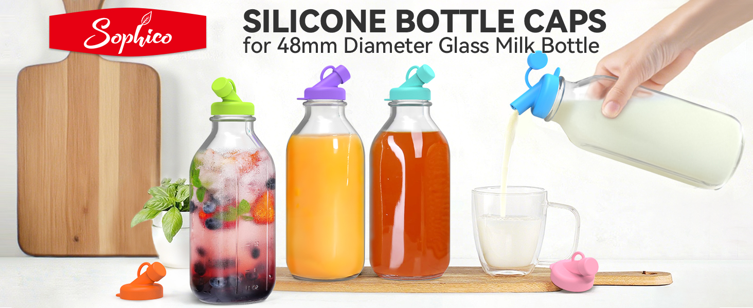 SOPHICO Silicone Milk Bottle Dispenser Caps, 48mm Diameter Pour Spout Lids, Replacement Lids Fit Stanpac & Libbey & Stock Your Home & The Dairy Shoppe, Leak Proof, Odorless (6 Pack, jug not included)