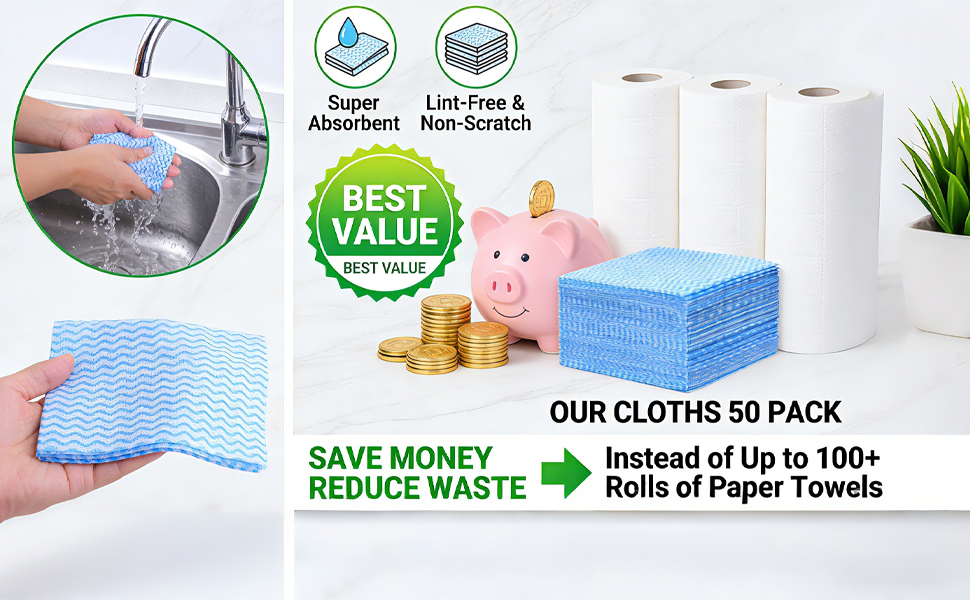 Disposable Dish Cloths Disposable Cleaning Towels 50 Pack Heavy Duty Reusable Disposable Kitchen Cleaning Cloths for Kitchen, Bathroom, Household Cleaning