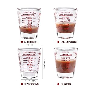 Shot Glass Measuring Cup, 2PCS Measuring Shot Glasses, Thick Base Liquid Measuring Cup for Espresso Shot Glass and Measuring Glasses, Four Different Units of Measure(1 OZ, 2 TBS, 6 TSP, 30 ML)
