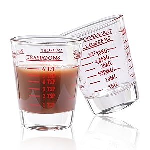 Shot Glass Measuring Cup, 2PCS Measuring Shot Glasses, Thick Base Liquid Measuring Cup for Espresso Shot Glass and Measuring Glasses, Four Different Units of Measure(1 OZ, 2 TBS, 6 TSP, 30 ML)