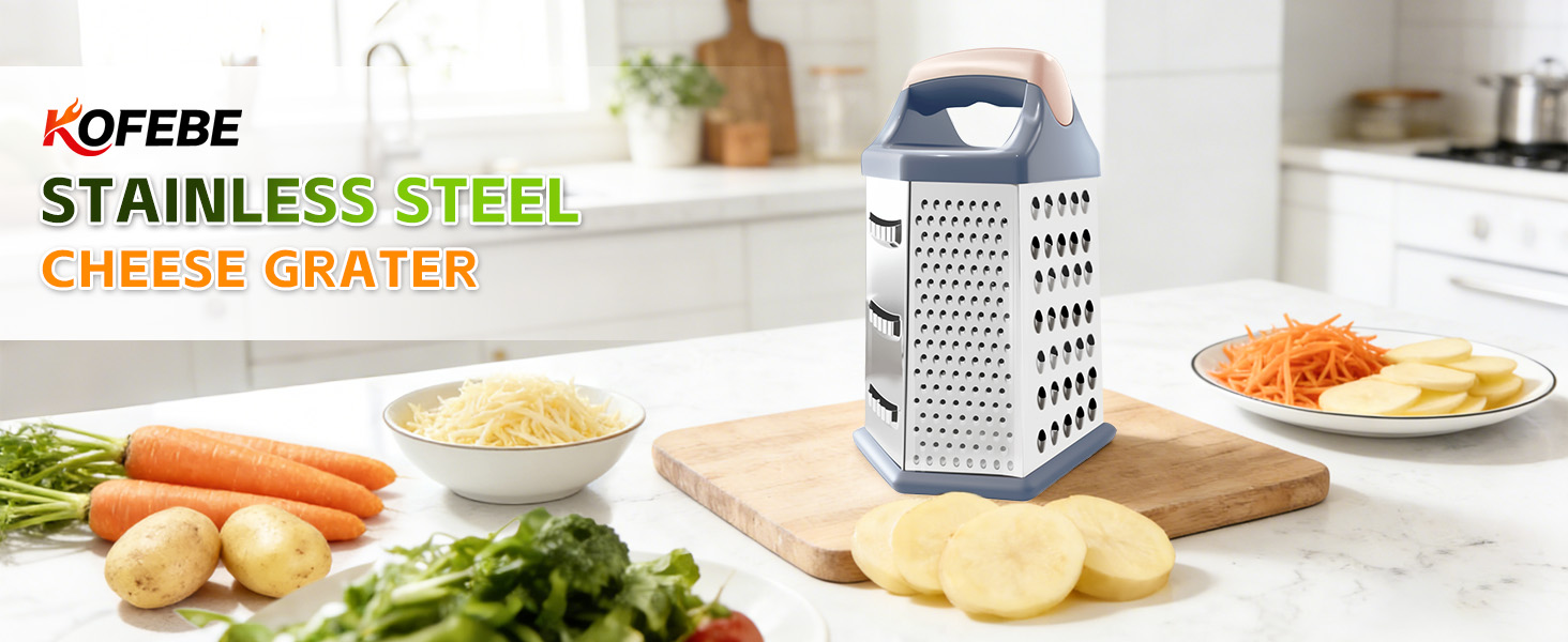 Cheese Grater, Box Graters for Kitchen, 6 Sides Stainless Steel Food Shredders for Cheese Vegetables Potatoes Carrot