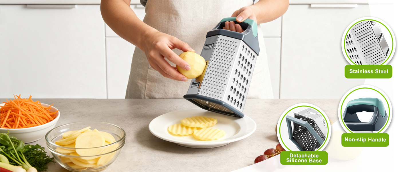 Cheese Grater, Box Graters for Kitchen, 6 Sides Stainless Steel Food Shredders for Cheese Vegetables Potatoes Carrot