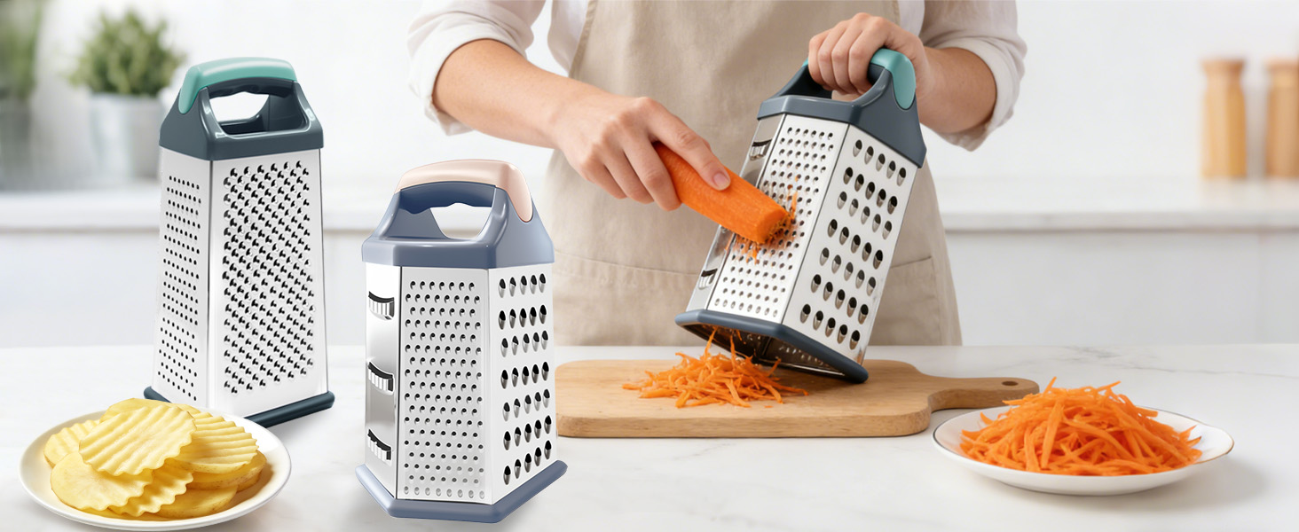 Cheese Grater, Box Graters for Kitchen, 6 Sides Stainless Steel Food Shredders for Cheese Vegetables Potatoes Carrot