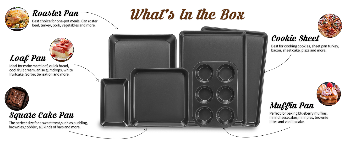 Baking Pans Set, Nonstick Bakeware Sets, Oven Pans for Cooking, AIVIKI 6 Pieces Baking Sheets Set Including Cookie Sheet, Deep Roaster Pan, Square Pan, Loaf Pan, Muffin Pan, Carbon Steel Baking Set