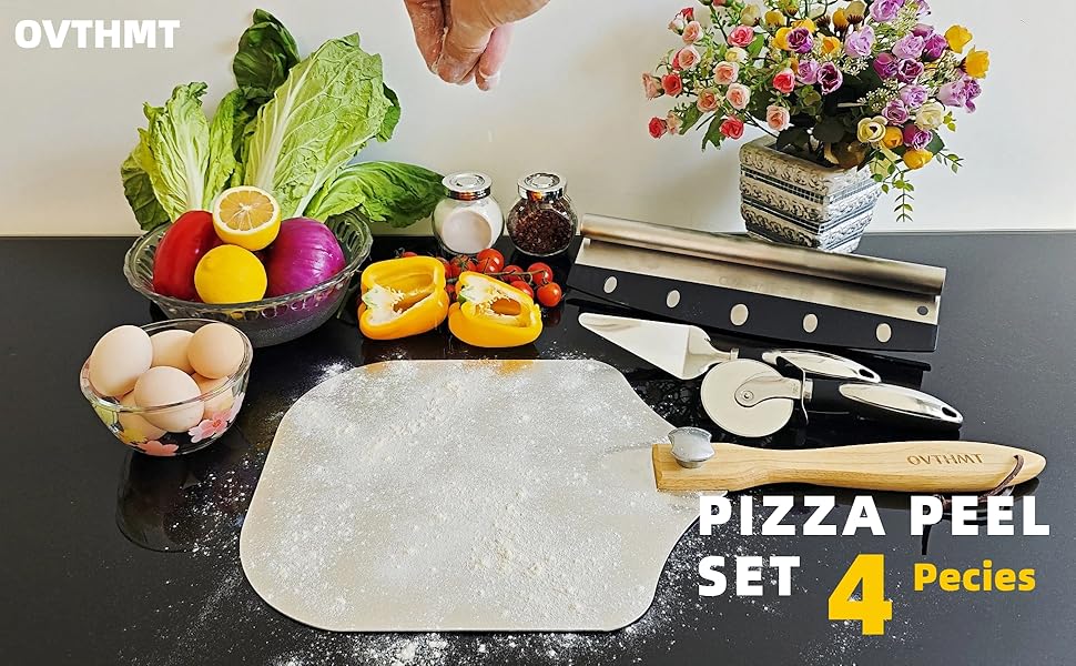Pizza Oven Accessories 4 PCS, Pizza Kit, Aluminum Pizza Paddle with Foldable Wood Handle, Pizza Cutter, Rocker Blade, Cutter Wheel, Pizza Server, Pizza Peel Set, Pizza Tools