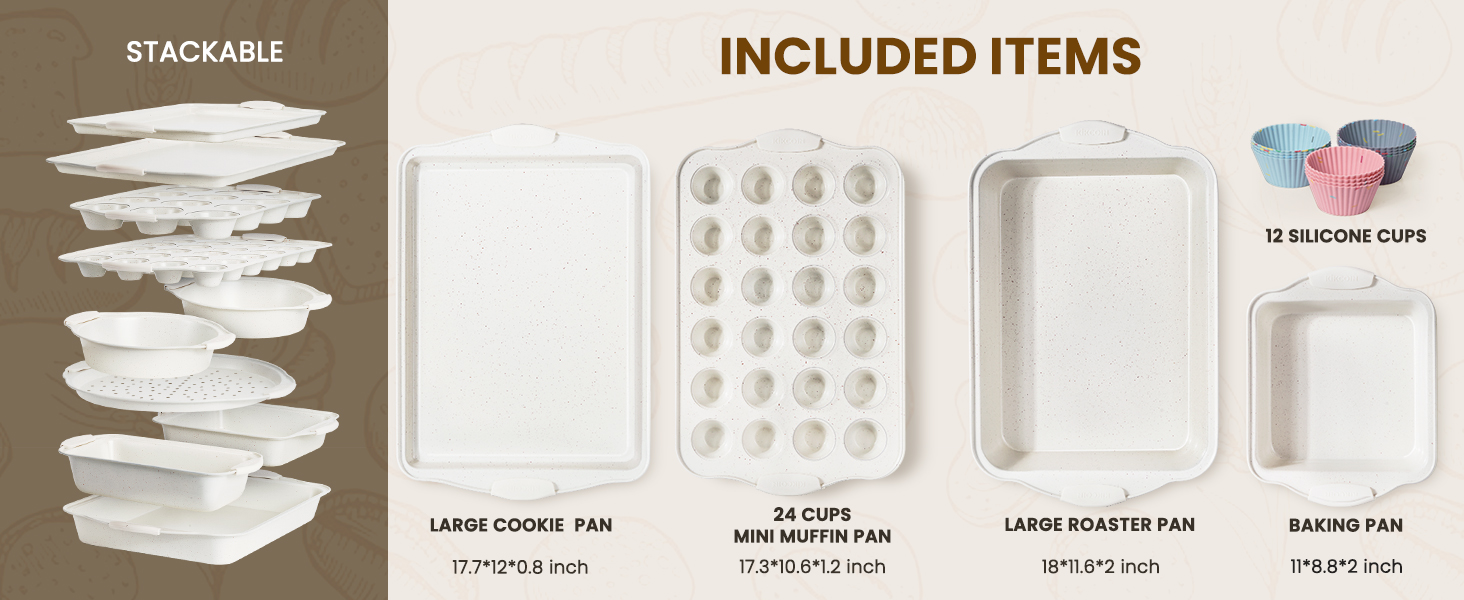 Kikcoin 22 PCS Nonstick Baking Pans Set, Stackable Bakeware Sets with Silicone Handles, 450°F Oven Safe Baking Sheet Set, Easy Release Cookie Sheets for Baking, Cream