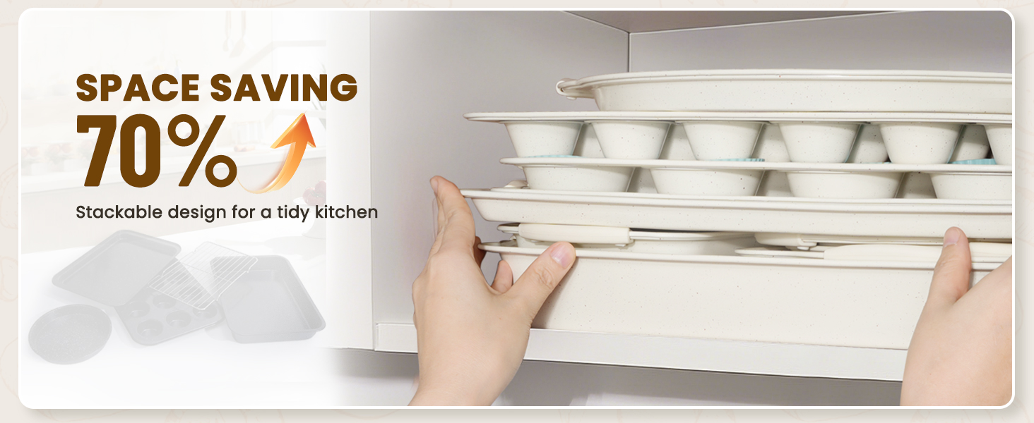 Kikcoin 22 PCS Nonstick Baking Pans Set, Stackable Bakeware Sets with Silicone Handles, 450°F Oven Safe Baking Sheet Set, Easy Release Cookie Sheets for Baking, Cream