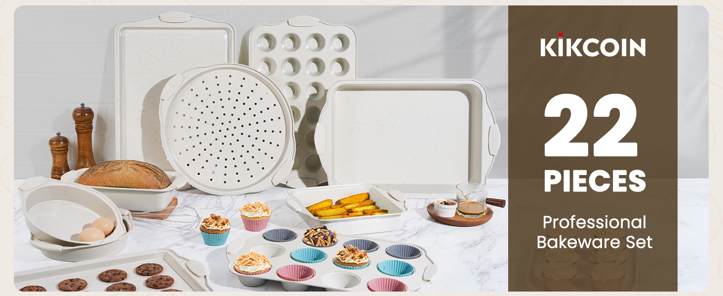 Kikcoin 22 PCS Nonstick Baking Pans Set, Stackable Bakeware Sets with Silicone Handles, 450°F Oven Safe Baking Sheet Set, Easy Release Cookie Sheets for Baking, Cream