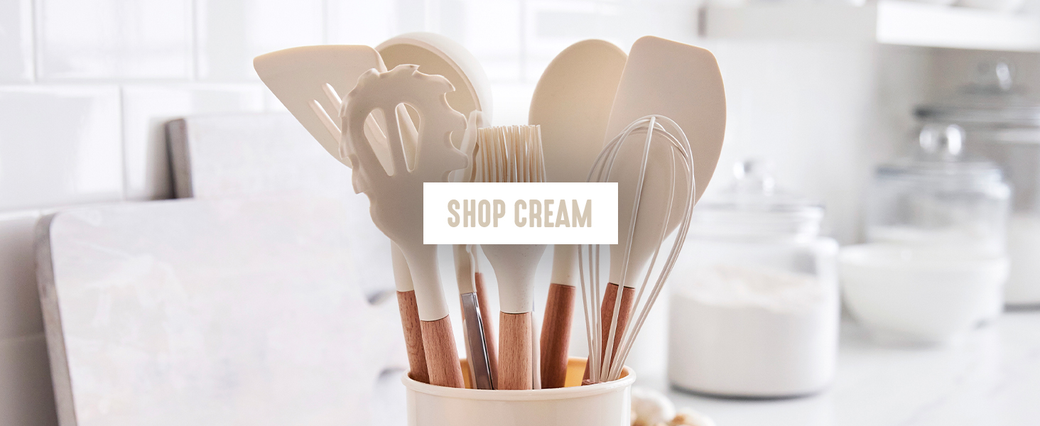 GreenLife 11 Piece Silicone Utensil Crock Set, Nonstick Kitchen Tools, Ladle, Turner, Slotted Turner, Spatula, Spoon, Spaghetti Server, Brush, Whisk, Tongs, Crock, Cream White