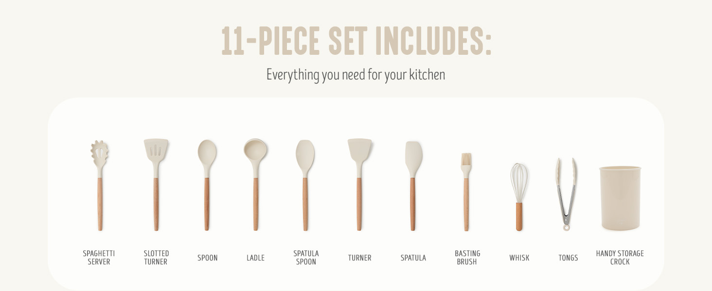 GreenLife 11 Piece Silicone Utensil Crock Set, Nonstick Kitchen Tools, Ladle, Turner, Slotted Turner, Spatula, Spoon, Spaghetti Server, Brush, Whisk, Tongs, Crock, Cream White