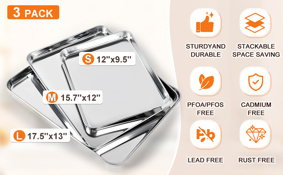 Baking Sheet Set of 3, Commercial Grade Stainless Steel Cookie Sheets for Baking, 12/16/17.5 Inch, Thicker and Firmer Baking Pans Set, Rust & Warp Resistant & Nonstick, Nontoxic&Heavy Duty&Easy Clean