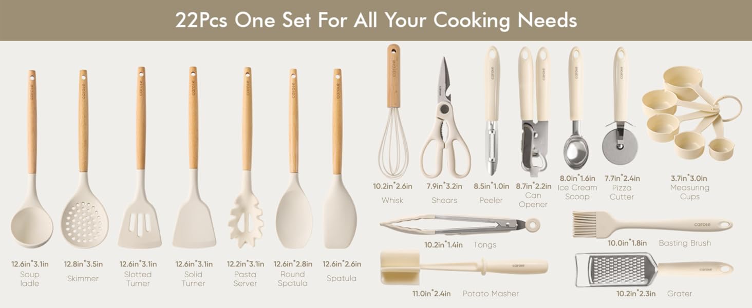 CAROTE 22pcs Silicone Cooking Utensils Set, 446°F Heat Resistant Kitchen Utensils Gadgets Set, Spatula, Turner, Whisk, Tongs