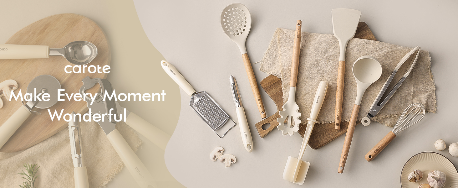 CAROTE 22pcs Silicone Cooking Utensils Set, 446°F Heat Resistant Kitchen Utensils Gadgets Set, Spatula, Turner, Whisk, Tongs