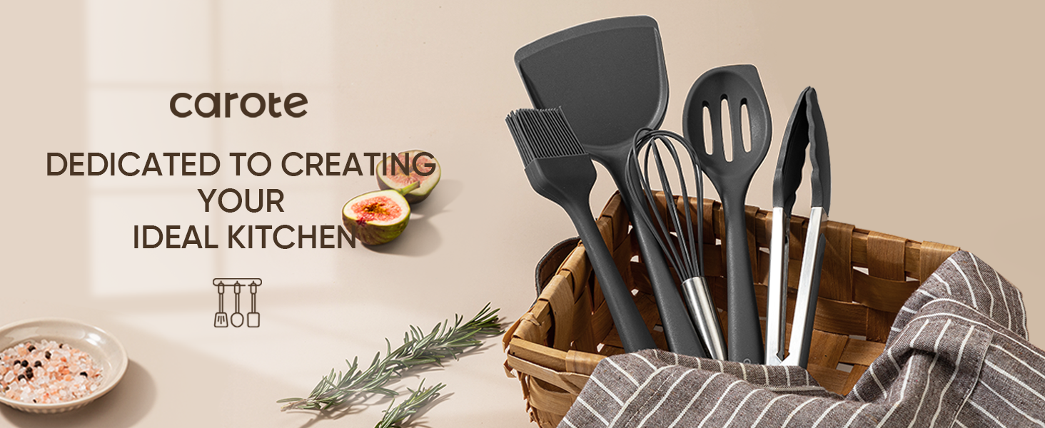 CAROTE Kitchen Utensil Set for Nonstick Cookware - 446°F Heat Resistant Silicone Cooking Utensils Set 10pcs, Dark Grey, Oderless Spatula, Turner