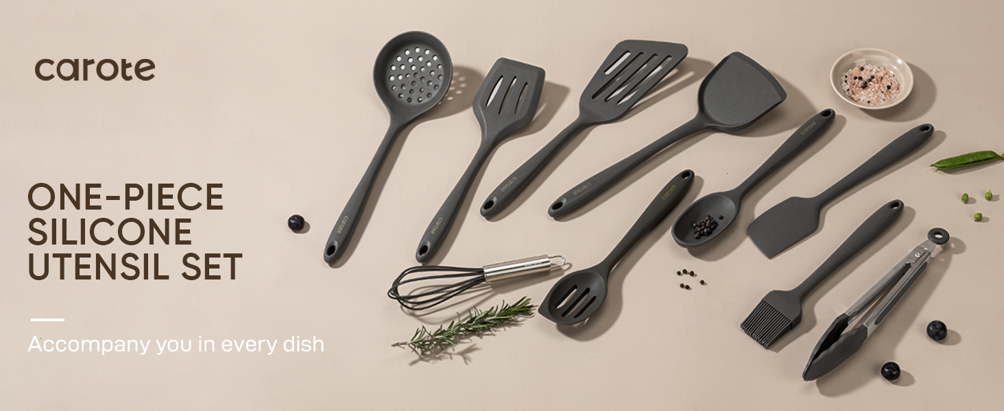 CAROTE Kitchen Utensil Set for Nonstick Cookware - 446°F Heat Resistant Silicone Cooking Utensils Set 10pcs, Dark Grey, Oderless Spatula, Turner