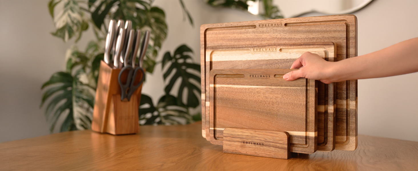 Acacia Wood Cutting Board for Kitchen, Non-Toxic Cutting Board Set of 3, Chopping Boards with Deep Juice Groove for Meat, Cheese & Vegetables - Durable & Double sided with serving Compartments