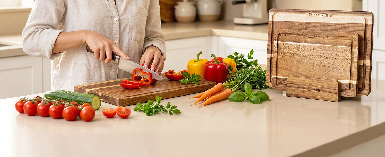 Acacia Wood Cutting Board for Kitchen, Non-Toxic Cutting Board Set of 3, Chopping Boards with Deep Juice Groove for Meat, Cheese & Vegetables - Durable & Double sided with serving Compartments