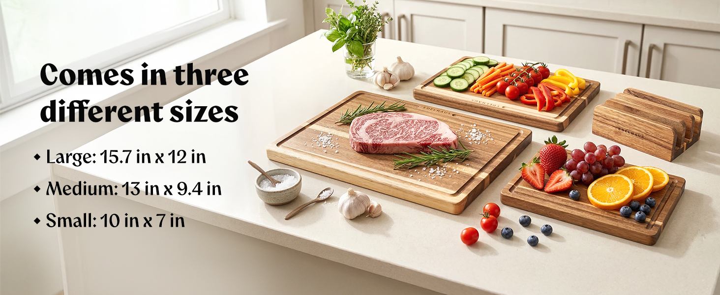 Acacia Wood Cutting Board for Kitchen, Non-Toxic Cutting Board Set of 3, Chopping Boards with Deep Juice Groove for Meat, Cheese & Vegetables - Durable & Double sided with serving Compartments