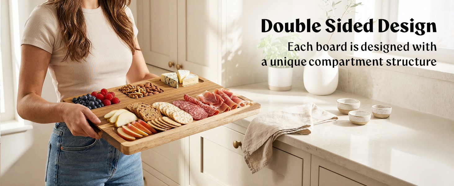 Acacia Wood Cutting Board for Kitchen, Non-Toxic Cutting Board Set of 3, Chopping Boards with Deep Juice Groove for Meat, Cheese & Vegetables - Durable & Double sided with serving Compartments