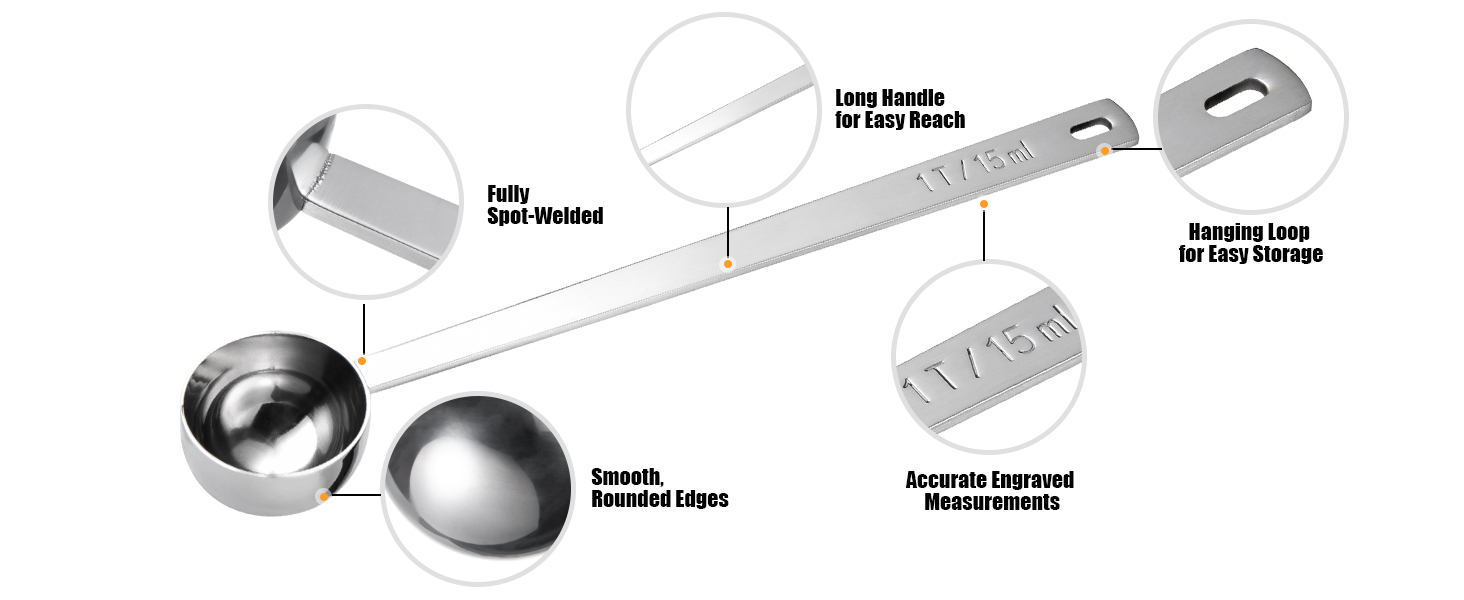 18/8 Stainless Steel Coffee Scoop, Doosu Food-Grade Metal Measuring Spoon with 6.9in Long Handle, Tablespoon Scooper for Coffee Beans, Ground Coffee, Espresso, Protein Powders, Tea, Sugar (1 Tbsp)