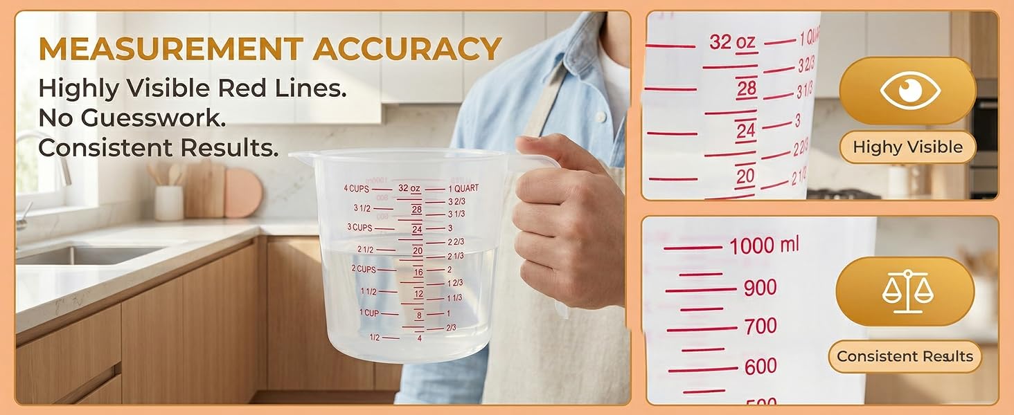 8 Pcs 4 Cup Capacity Plastic Measuring Cup, 32 Oz/1000 ml Clear Graduated Measuring Cups Plastic Mug with Spout and Handles Ounce and Ml Cup Marking for Recipe Ingredient, Flour, Water, Liquid
