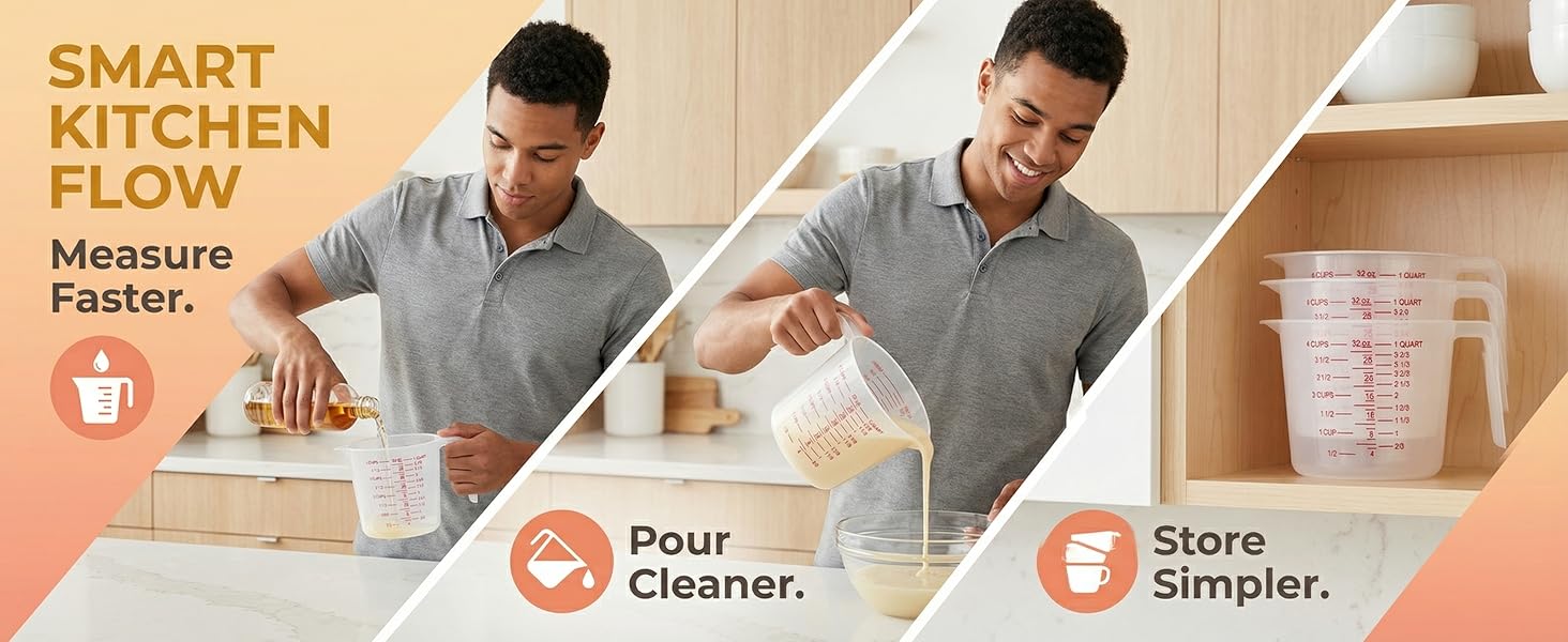 8 Pcs 4 Cup Capacity Plastic Measuring Cup, 32 Oz/1000 ml Clear Graduated Measuring Cups Plastic Mug with Spout and Handles Ounce and Ml Cup Marking for Recipe Ingredient, Flour, Water, Liquid